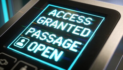 Obraz premium Glowing touchscreen panel showing pixelated ACCESS GRANTED text at office door with person icon
