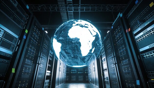 Hovering holographic 3D globe emitting blue-white glow in data center aisle, with server racks