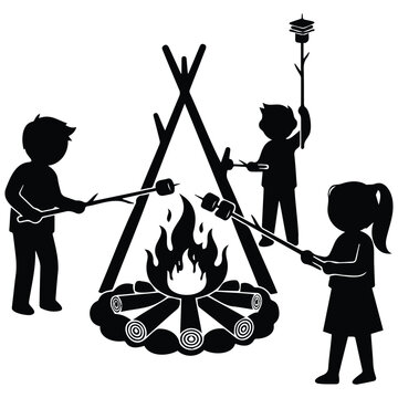 Children roasting marshmallows over campfire teepee illustration vector silhouette.