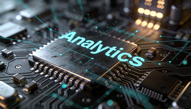 Showing microchip labeled Analytics centered on PCB, with copper traces and pins, glowing overlay