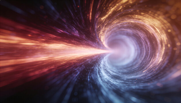 Spiraling luminous vortex drawing specks toward bright core in deep-space tunnel, light beams