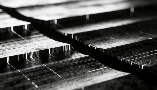 Highlighting patterned metallic plates reflecting studio light on lab bench, with grooves and teeth