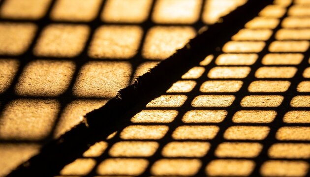 Crossing frayed rope running diagonally over sunlit grate on concrete, casting strong highlights
