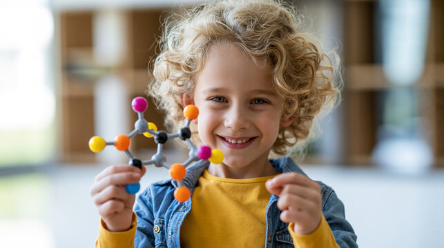 Smiling child joyfully explores chemistry with colorful molecule model