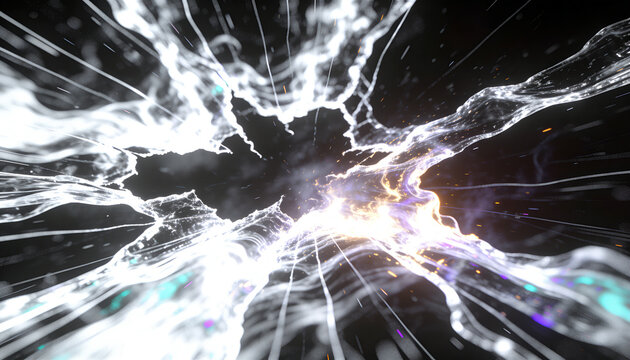 Radiating central dark rift sending filaments and sparks in deep space, showing glowing core