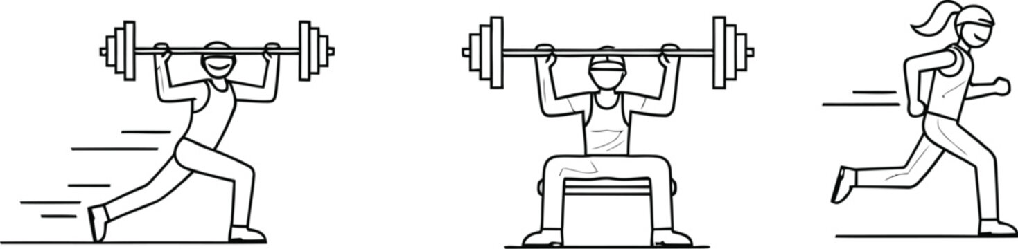 Fitness training line art weightlifting squats and running exercises