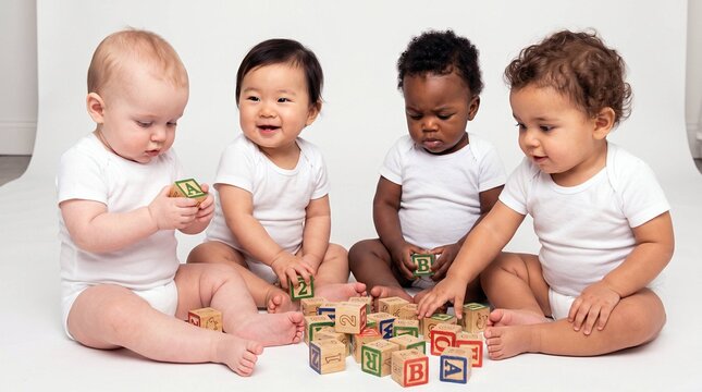 Diverse Group of Babies Playing with Alphabet Blocks