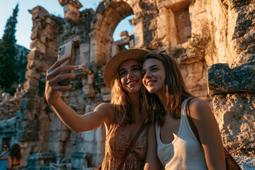 Fototapeta premium Young travelers explore ancient ruins using augmented reality at sunset
