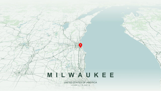 Modern minimalist vector map of Milwaukee, Wisconsin, USA. High-quality scalable illustration of Milwaukee city grid, Lake Michigan waterfront and Port of Milwaukee docks layout for posters design. 