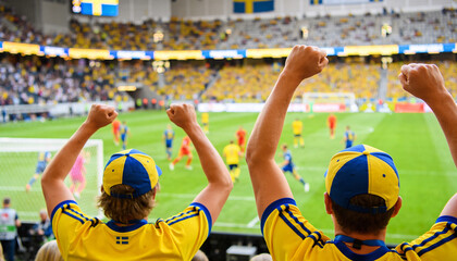 Fototapeta premium Cheering two male fans wearing yellow jerseys and caps, raising arms at stadium goal and goalkeeper