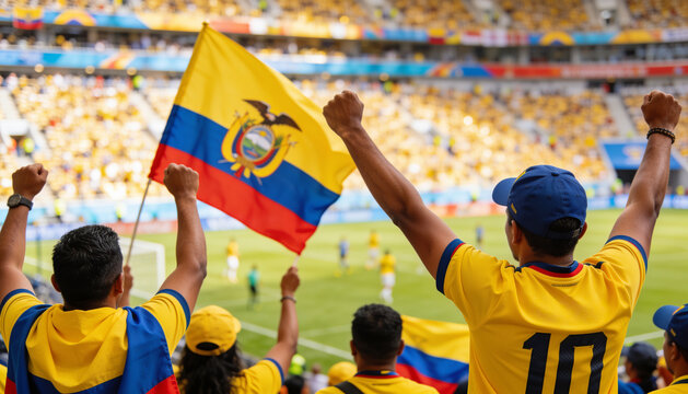 Cheering group of fans wearing yellow jerseys and caps by pitch, holding tricolor flag