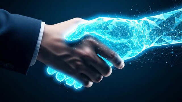 Human hand shaking a digital, glowing, blue network hand