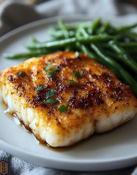 Seared cod fillet with golden crust and fresh green beans on white plate, garnished with herbs for fine dining and restaurant menu use.
