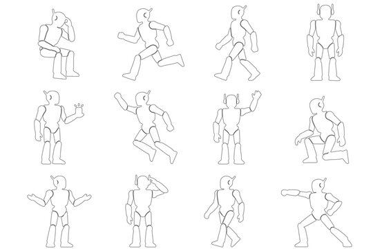 Robot Action Poses: A collection of simple line drawings showcasing a robot in various dynamic poses, from running and jumping to sitting and waving, ideal for animation or design concepts.