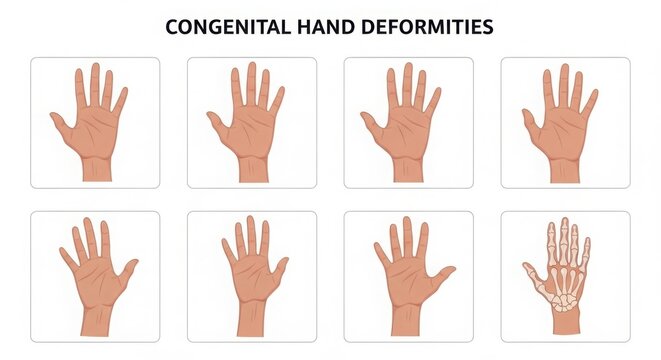 Medical illustration showing different types of congenital hand deformities illustration