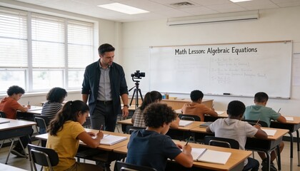 Fototapeta premium Walking male teacher in jacket observing students at school, with tripod camera, whiteboard