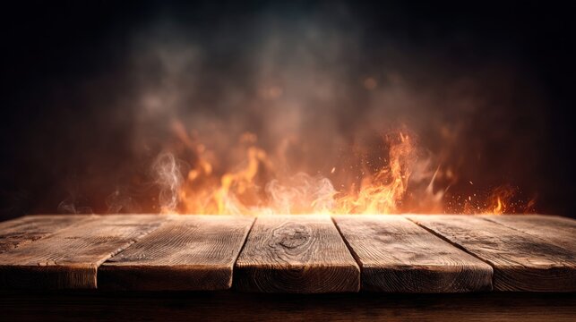 Rustic wooden table with fire and smoke background
