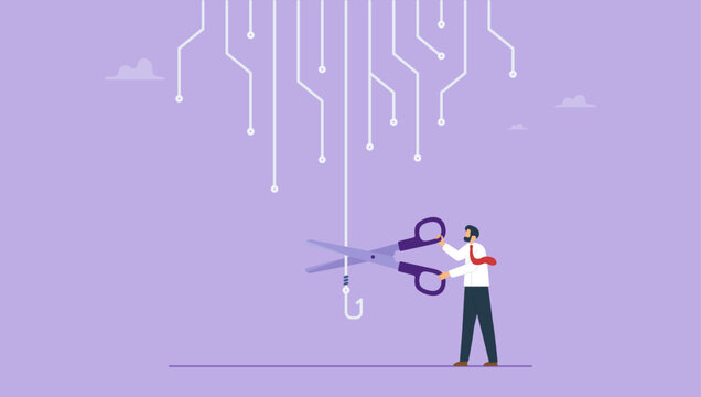 Businessman uses scissors cut off fishing hooks. Fight against scam, internet phishing, smart user does not become victim of scammers and thieves concept.