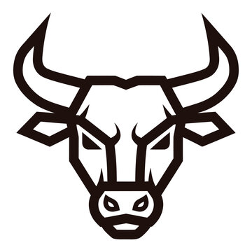 Graphic illustration of bull head with horns and angry expression icon