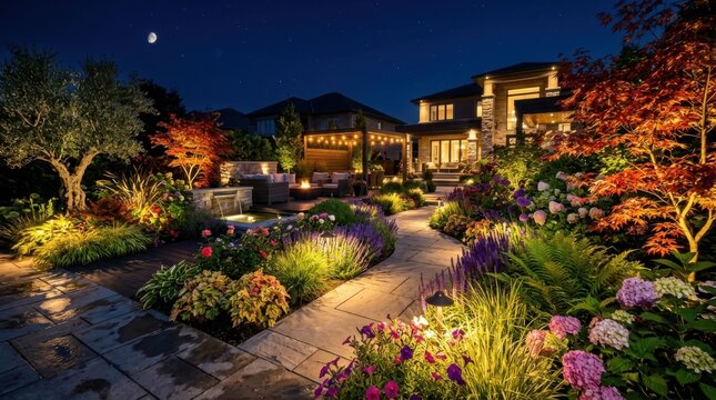 Luxurious backyard landscape design at night with warm lighting stone path cozy seating area and lush flowers.