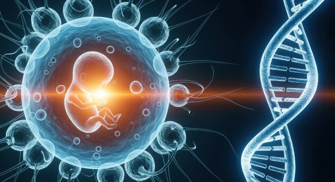 Human embryo development and dna helix structure in digital space illustration