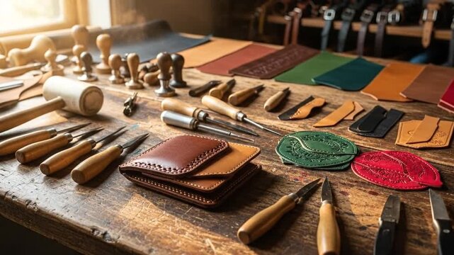 Assorted Leather Craft Tools and Materials Displayed on Wooden Table.