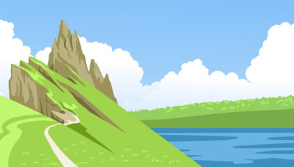 Obraz premium Mountain peak with a winding path leading upward. Scenic natural landscape view. Isolated cartoon vector illustration.