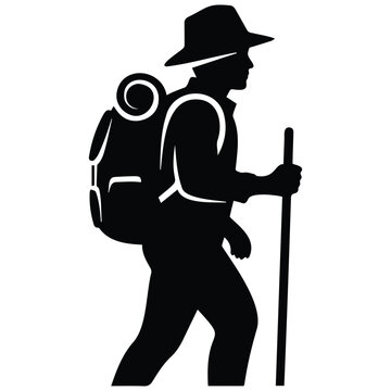 Hiker man with backpack holding walking stick silhouette isolated on white background.