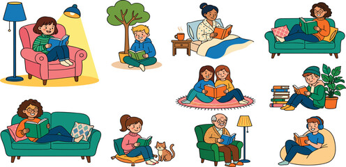 Fototapeta premium People reading books vector sticker set featuring cartoon characters enjoying literature on sofas in bed armchairs bean bag and with pets