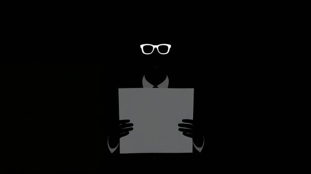 Silhouette businessman holding blank document paper with white glasses in minimalist animation style for corporate marketing video motion footage