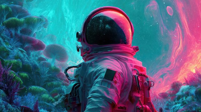 Astronaut in a luminous space suit discovers a bizarre alien landscape of bioluminescent fungi under a swirling cosmic sky