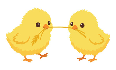 Naklejka premium Two yellow chicks sharing wheat stalk on white background