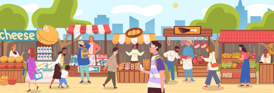 People farmers market. Outdoor marketplace, local bazaar farm fair organic food grocery store fresh fruit vegetable street shop merchant kiosk customer classy vector illustration