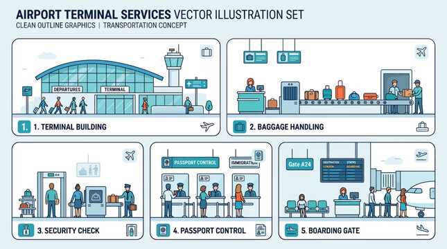 Airport terminal services vector illustration set.