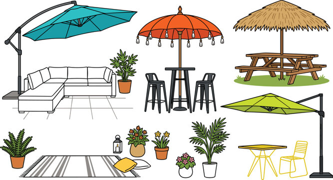 Outdoor garden patio furniture vector illustration collection set featuring cantilever parasols sectional sofa picnic table bar stools rug and potted plants isolated elements
