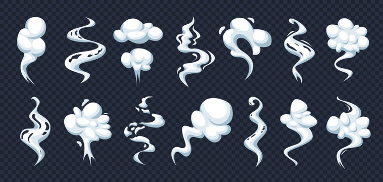 Cartoon steam effect. Cigarette curly smoke, puff poof comic effect vapor smog fog fume cloud mist curve silhouette wind gas trail game dust exhaust qualitative vector illustration