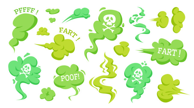 Fart smoke. Stink smell toxic cloud green gas fart, bad breath steam skull icon flatulence odour cartoon bomb miasma poison nasty air effect stench qualitative vector illustration