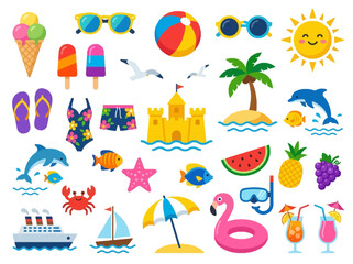 Colorful collection of summer holiday icons featuring tropical vacation elements like palm trees, sun, ice cream, beach ball, sandcastle, and sea animals in flat vector style for seasonal design. © Ayong