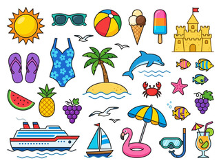 Colorful Set of Summer Vacation Icons with Sun Beach Ball Palm Tree Dolphin and Cruise Ship Vector Illustration of Tropical Holiday Elements isolated on White Background © Ayong