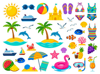Fototapeta premium A collection of vibrant summer vacation beach icons featuring palm trees, tropical fish, cruise ships, swimwear, and refreshing cocktails isolated on a white background for design projects.