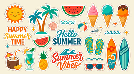 Colorful Summer Sticker Collection featuring sun, palm trees, surfboards, ice cream, watermelon, and tropical cocktails. Decorative vector elements for beach vacation and holiday design projects. © Ayong