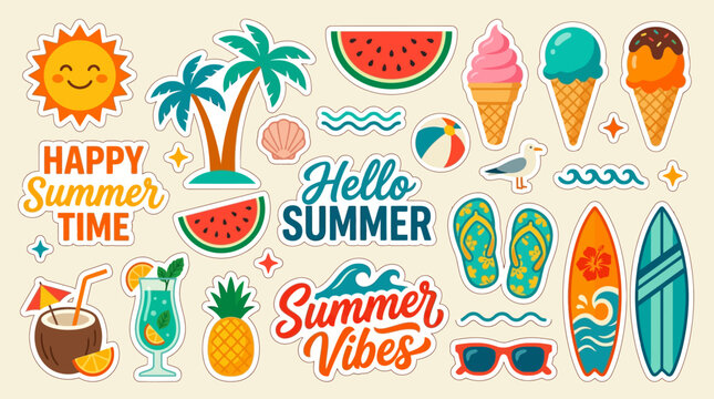 Colorful Summer Sticker Collection featuring sun, palm trees, surfboards, ice cream, watermelon, and tropical cocktails. Decorative vector elements for beach vacation and holiday design projects.