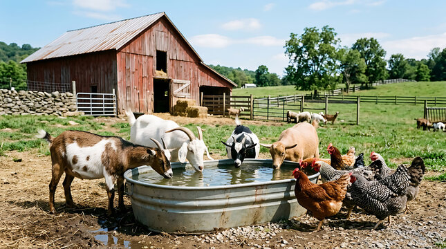 Diverse farm animals sharing a large metal water trough in front of a rustic barn, peaceful rural scene