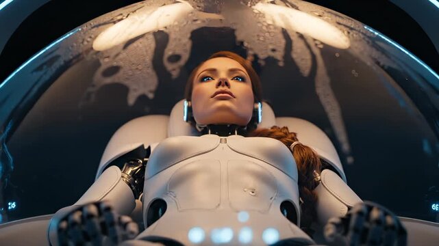 Female cyborg lies in futuristic scanner with medical pod technology. Robot woman in scanner shows android body with blue lights. Cyborg in medical pod displays futuristic tech. Android scanning.