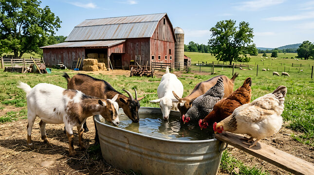 Goats and chickens gathered at a metal trough, sharing water on a sunny farm with a red barn in the background