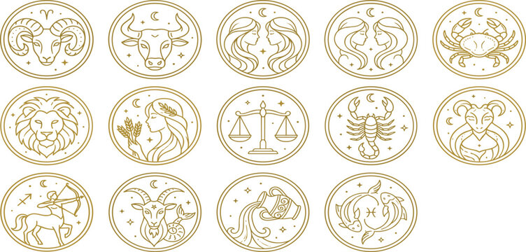 Zodiac signs vector sticker set featuring minimal gold line art icons of aries taurus gemini cancer leo virgo libra scorpio sagittarius capricorn aquarius pisces