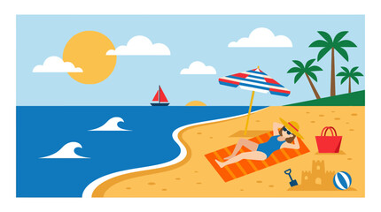 Obraz premium Relaxing Woman Sunbathing on Tropical Beach with Palm Trees and Ocean Waves