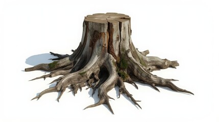 Fototapeta premium Detailed dead tree stump with exposed roots in minimalist snowy landscape