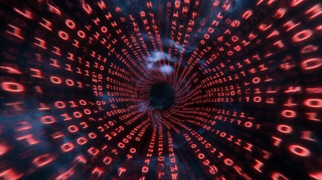 Red binary digits forming a luminous tunnel on a dark cosmic background, concept of data flow and cyberspace