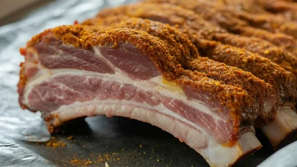 Rustic pork belly close-up with paprika spice rub, raw bacon slab on foil, savory meat texture for cooking prep © Syed  Haseeb Jan